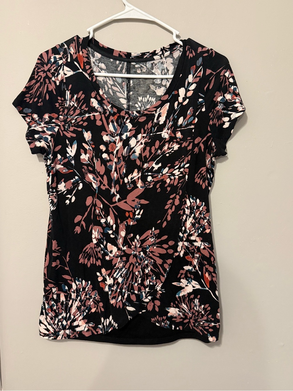 Motherhood Nursing Black Floral Short Sleeve Tee with Pink and Blue Accents